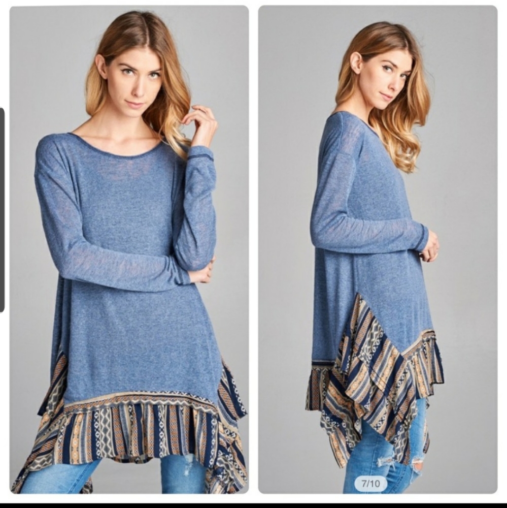 ODDY Blue Knit Tunic with Patterned Ruffle Hem